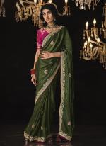 Glass Tissue Olive Grren Party Wear Embroidery Work Saree